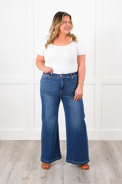 Risen High Rise Dark Wash Tummy Control Wide Leg Jeans with Released Hem