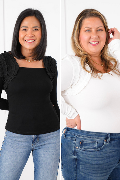 Long Sleeve Square Neck Top with Ruffle Detail