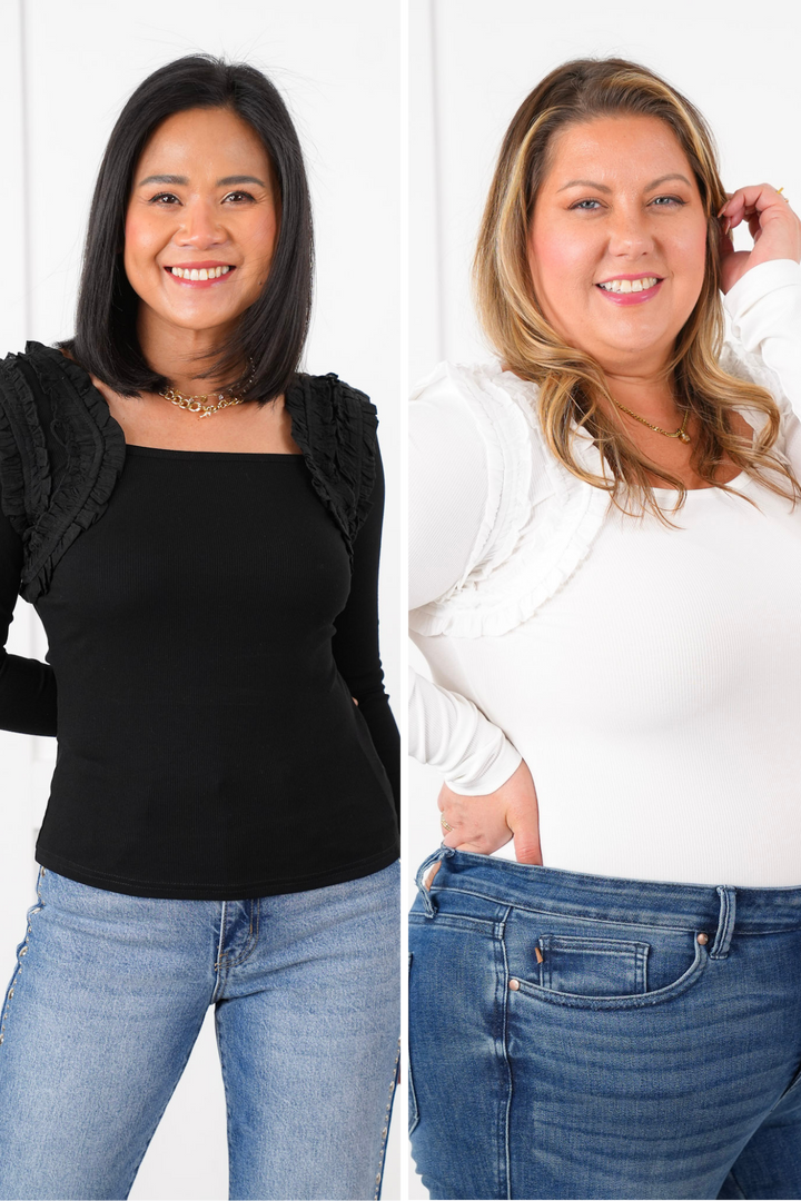 Long Sleeve Square Neck Top with Ruffle Detail