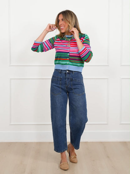 Multi Color Striped Long Sleeve Button Down Cardigan