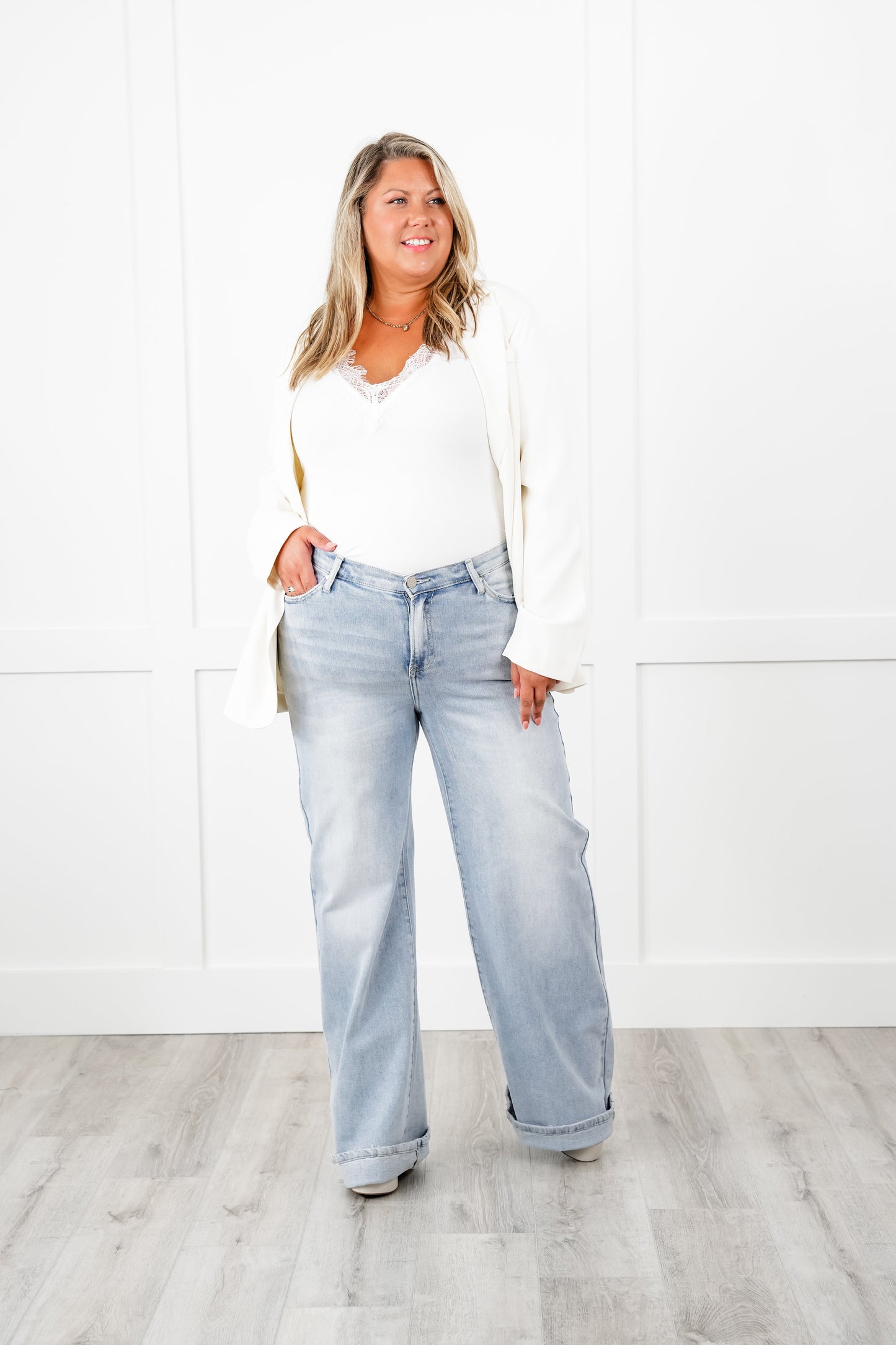 Risen Low Rise Light Wash V Dipped Wide Leg Jeans