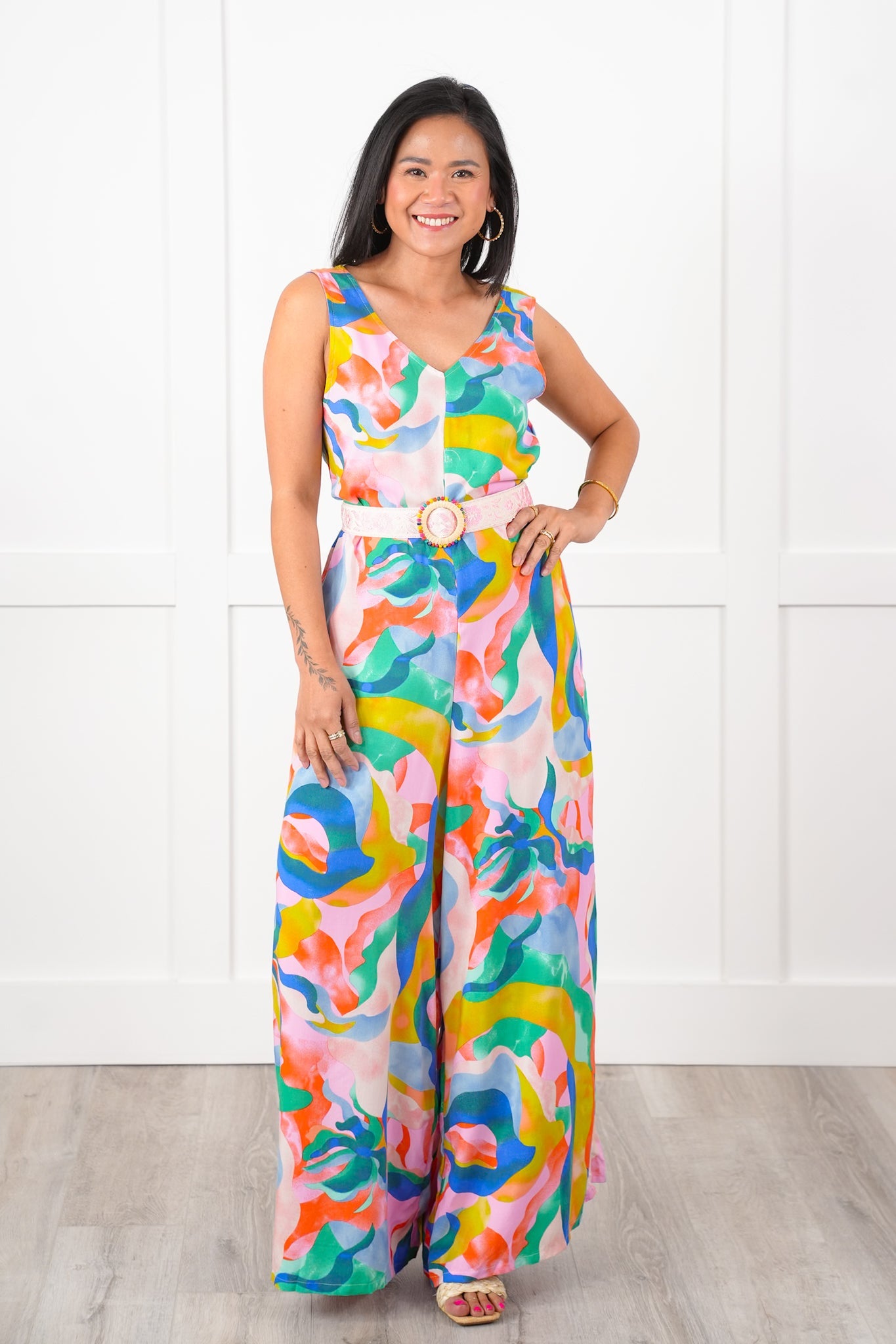 Abstract Print Sleeveless V Neck Wide Leg Jumpsuit