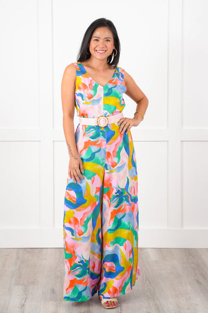 Abstract Print Sleeveless V Neck Wide Leg Jumpsuit