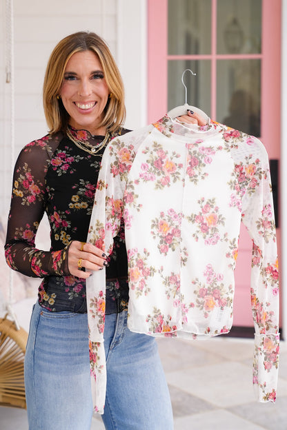 Plus/Reg Floral Long Sleeve Mock Neck Mesh Top