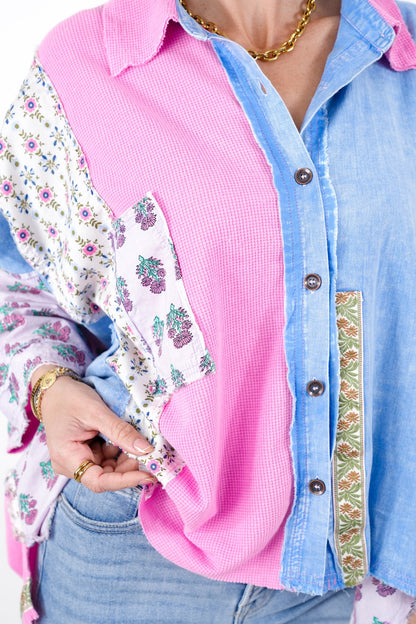 Oversized Multi Print Color Block Button Down Top