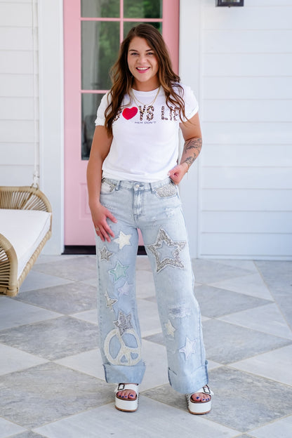 Mineral Wash Wide Leg Denim Jeans with Star Patchwork Detail