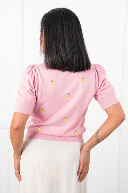 All Over Embroidered Tropical Drink Short Sleeve Knit Top