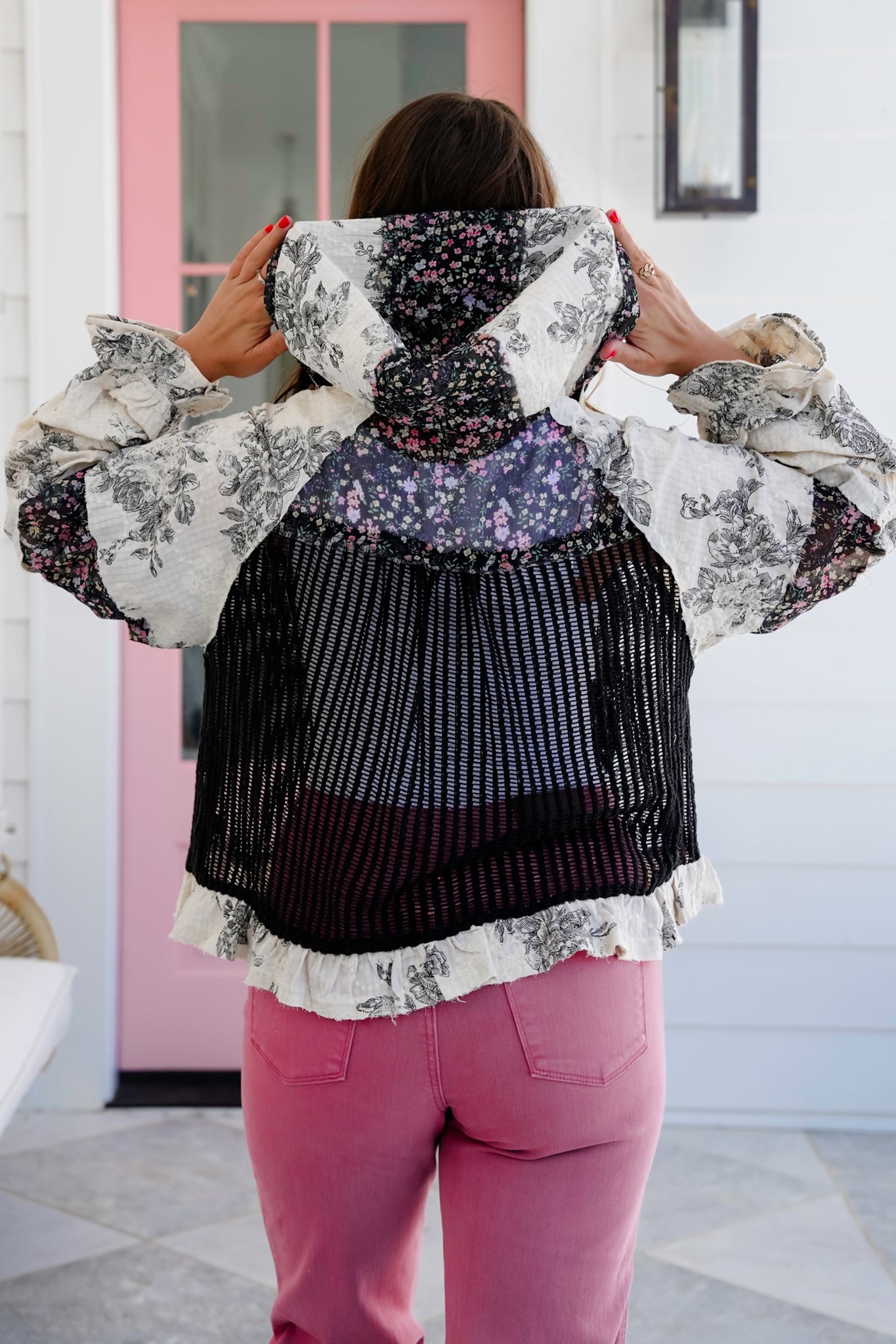 POL Floral and Crochet Long Sleeve Button Down Hooded Jacket