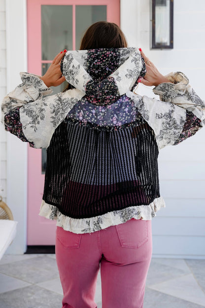 POL Floral and Crochet Long Sleeve Button Down Hooded Jacket