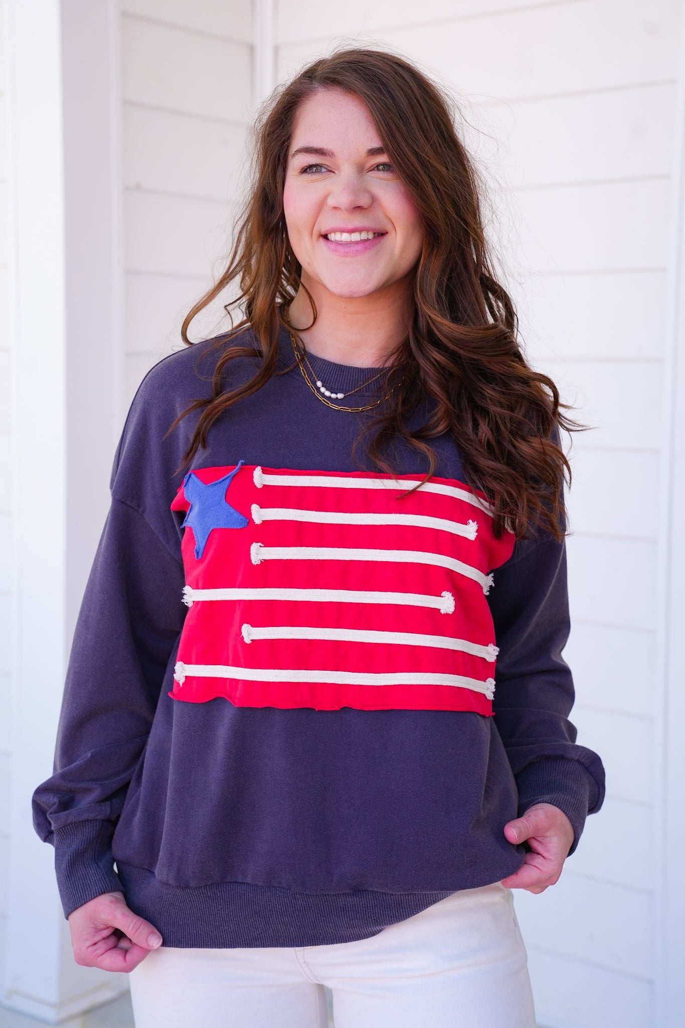 Mineral Wash Long Sleeve American Flag Patch Sweatshirt