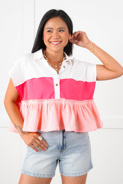Color Block Short Sleeve Button Up Ruffle Top
