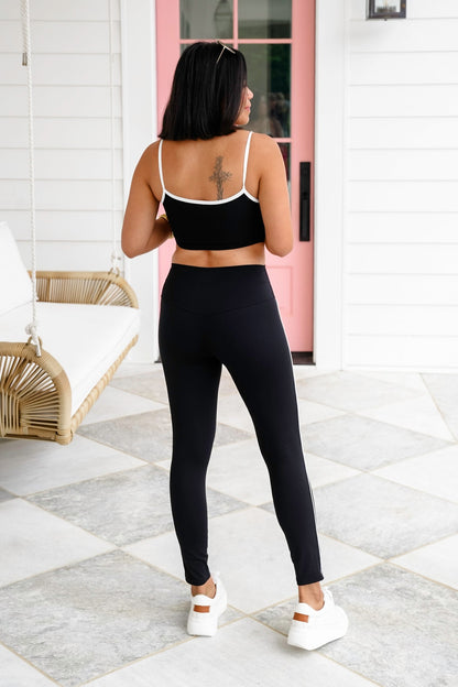 Black Cropped Tank Top and Leggings Set with Piping Detail