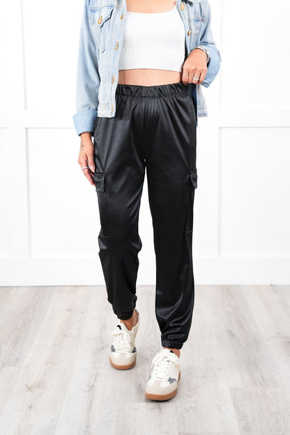 Plus/Reg Black Satin Elastic Waist Cargo Jogger Pants