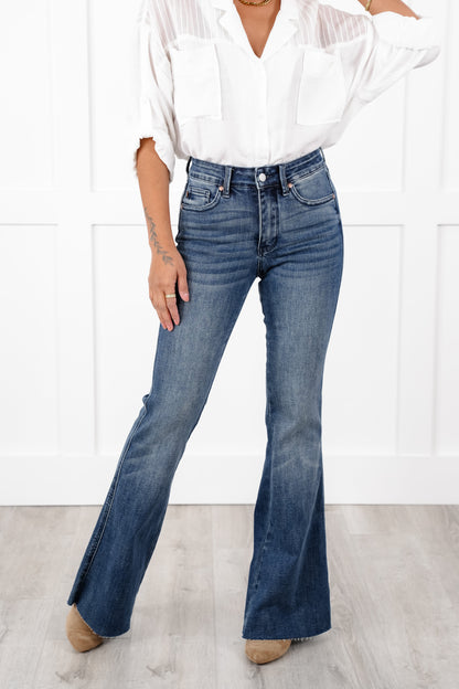 Judy Blue The Bella Mid Rise Medium Vintage Wash Tummy Control Cut Hem Flare Jeans
