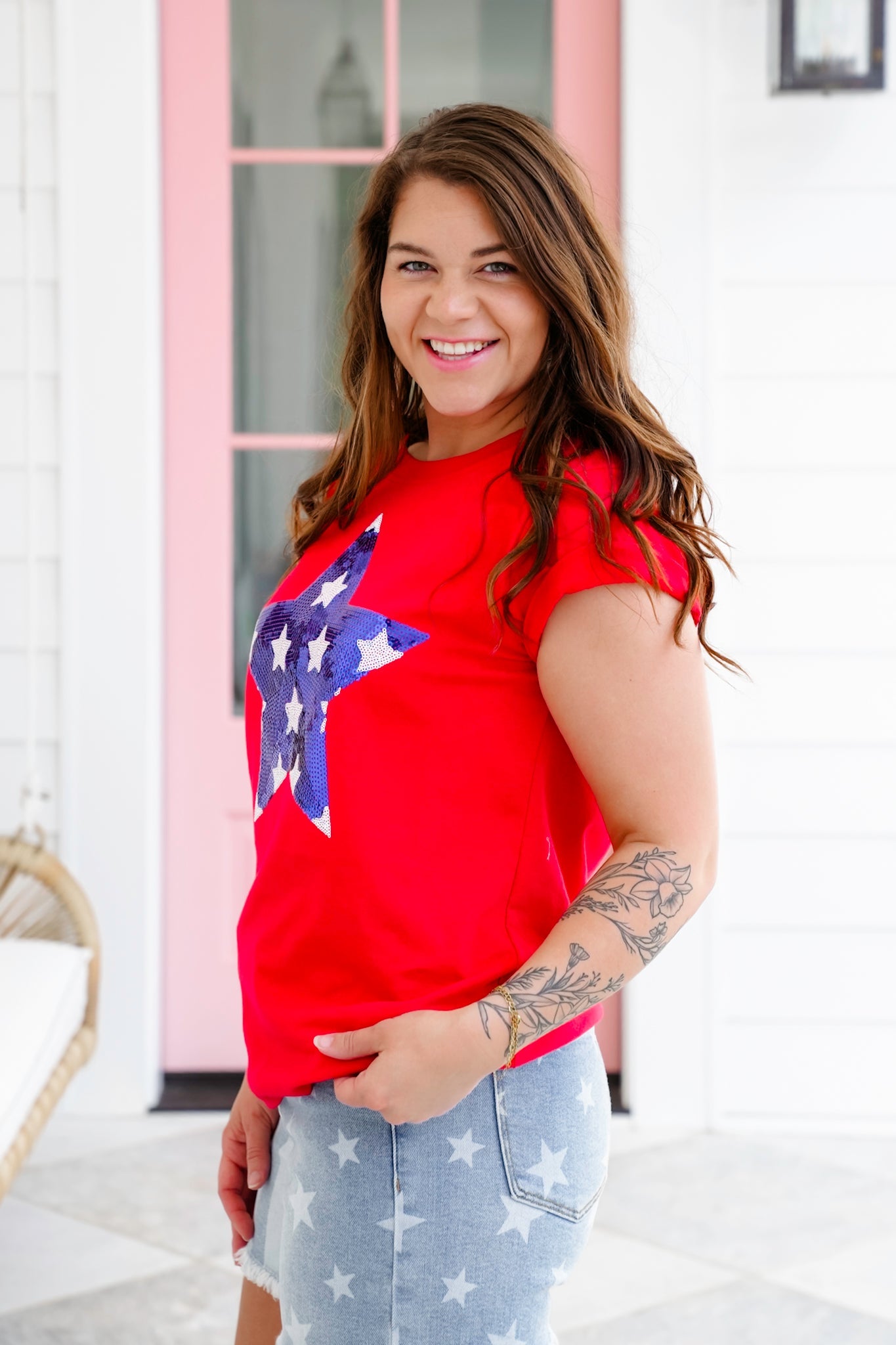 Plus/Reg Red Short Sleeve Top with Sequin Star Detail
