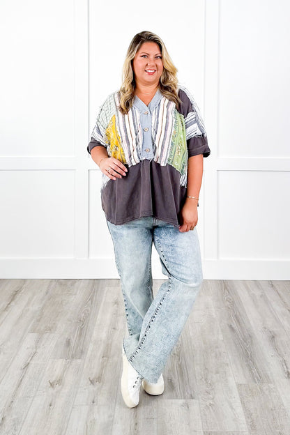 Color Block Short Sleeve Button Up Top with Print Contrast Detail