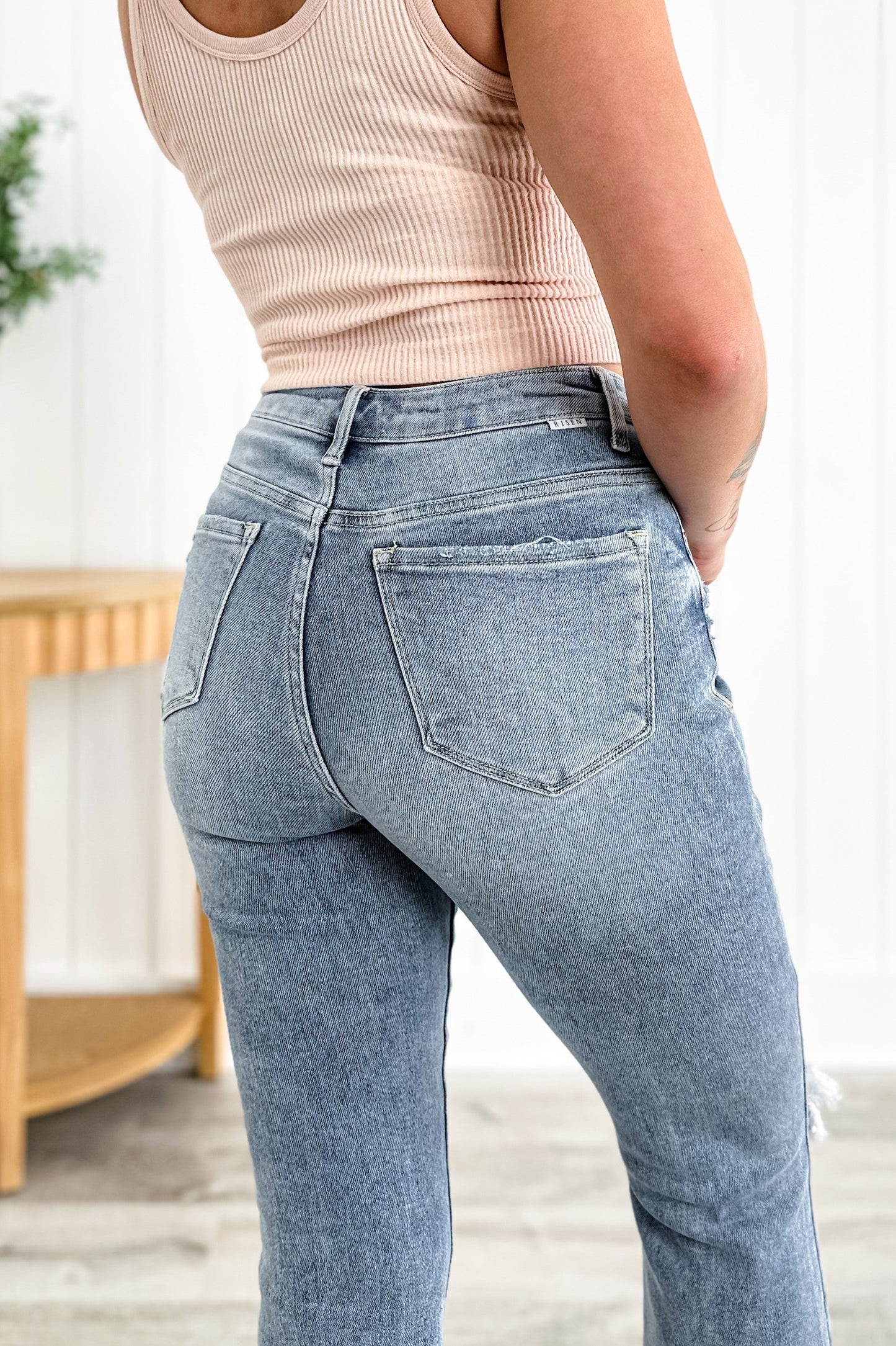 Risen Stella Babe High Rise Light Wash Cropped Distressed Flare Jeans