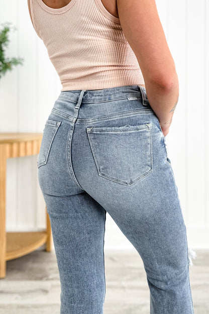 Risen Stella Babe High Rise Light Wash Cropped Distressed Flare Jeans
