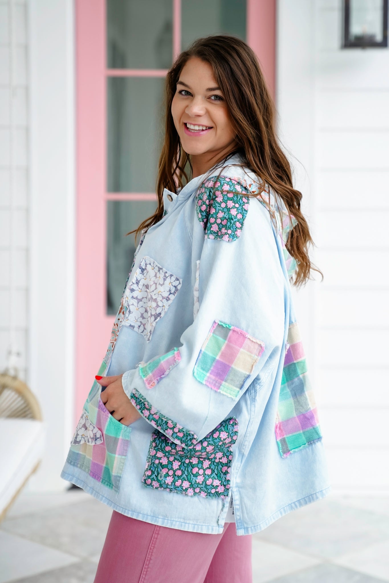 Patchwork 3/4 Sleeve Button Up Hooded Top