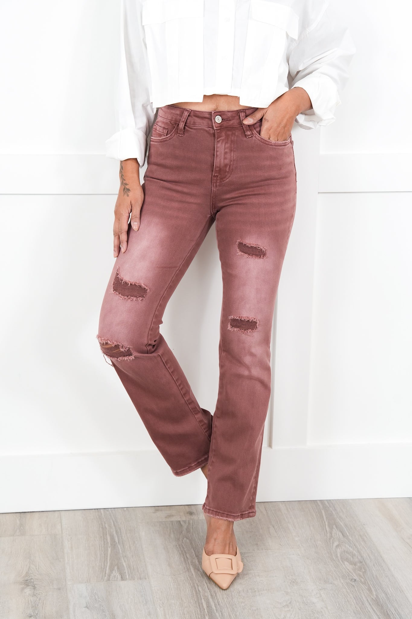 Vervet High Rise Dark Mauve Distressed Bootcut Jeans