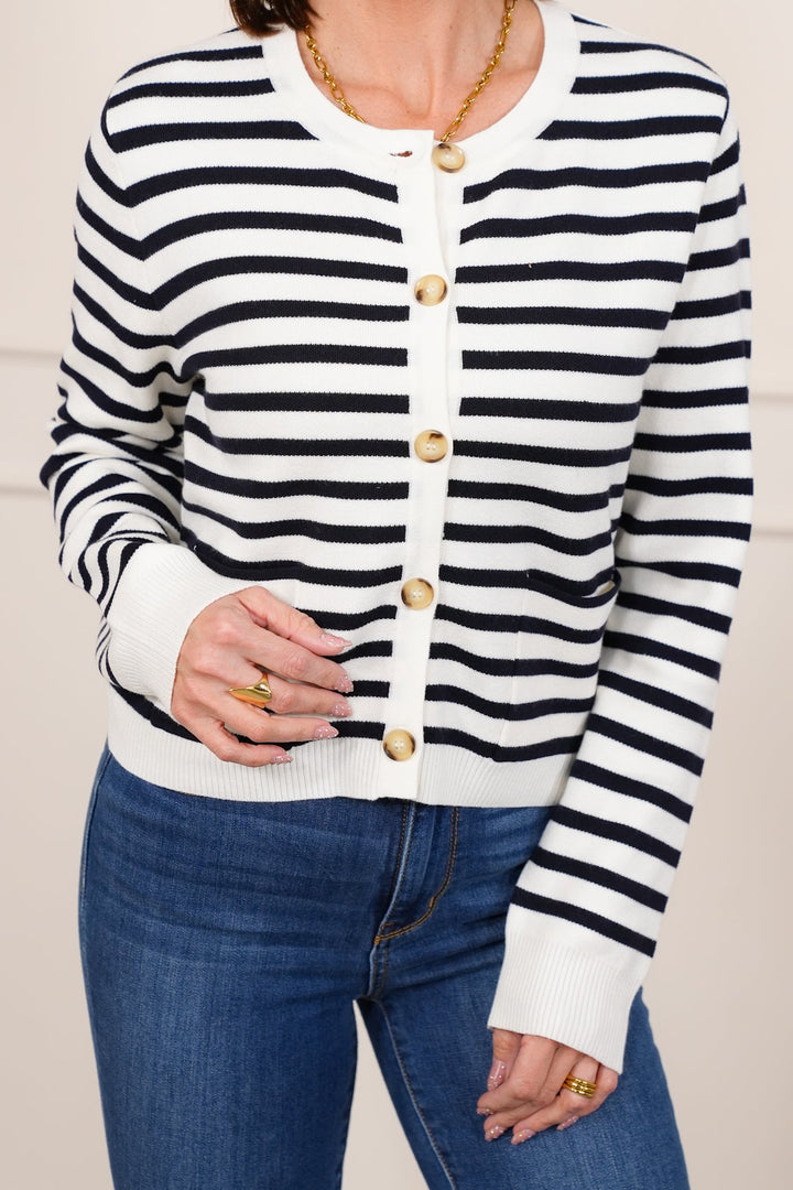 Stripe Long Sleeve Button Down Cardigan with Front Pockets