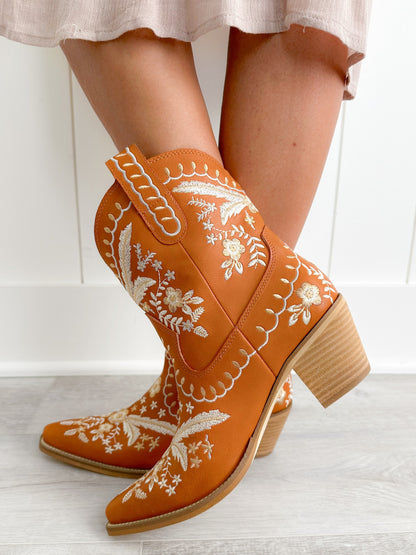 Detailed Floral Stitch Round Toe Boots
