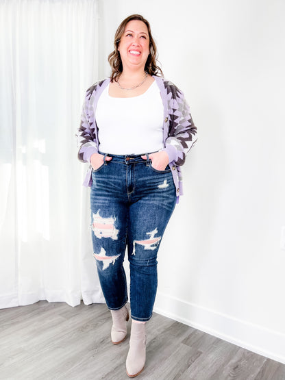 Judy Blue Dark Wash Mid Rise Distressed Cropped Straight Leg Jeans