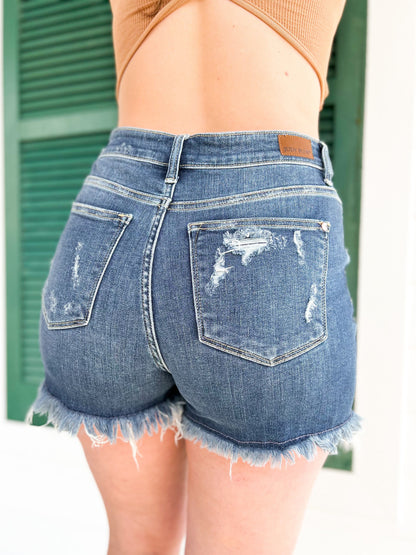 Judy Blue Hot Girl Summer Dark Wash Destroyed Fray Hem Shorts