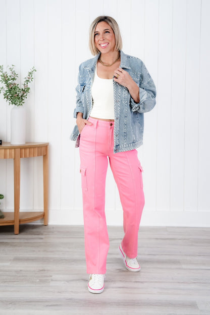 Judy Blue High Rise Pink Garment Dyed Cargo Straight Leg Jeans