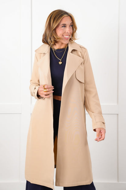 Long Sleeve Open Front Belted Trench Coat
