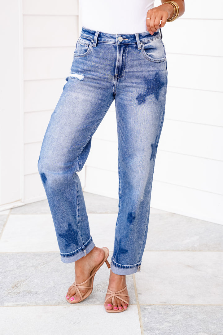 Risen High Rise Medium Wash Star Shade Boyfriend Jeans