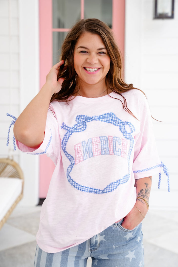 Pink Short Sleeve Round Neck "America" Top with Bow Gingham Detail