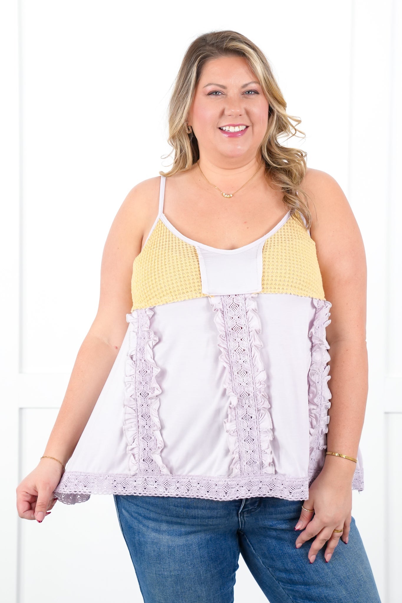 POL Sleeveless V Neck Knit Top with Ruffle Detail
