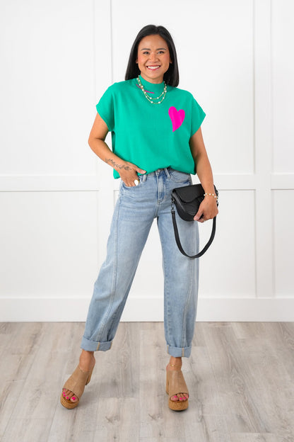 Short Sleeve Mock Neck Sweater with Heart Detail