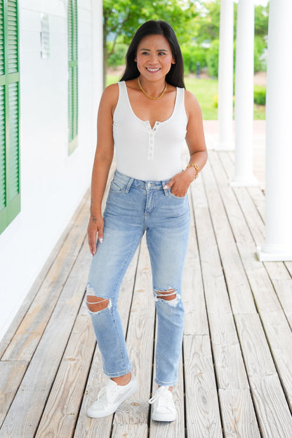 Vervet Mid Rise Medium Wash Distressed Cropped Straight Leg Jeans