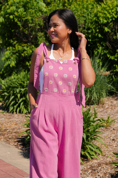 Plus/Reg Pink Wide Leg Overalls With Daisy Embroidered Detail