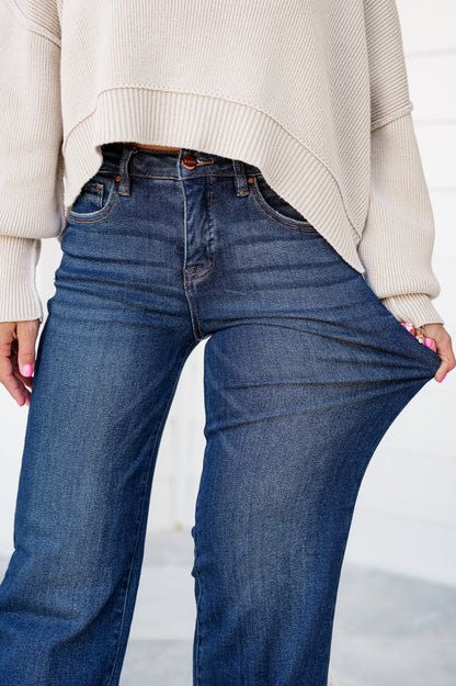 Risen High Rise Dark Wash Tummy Control Wide Leg Jeans With Adjustable Waistband