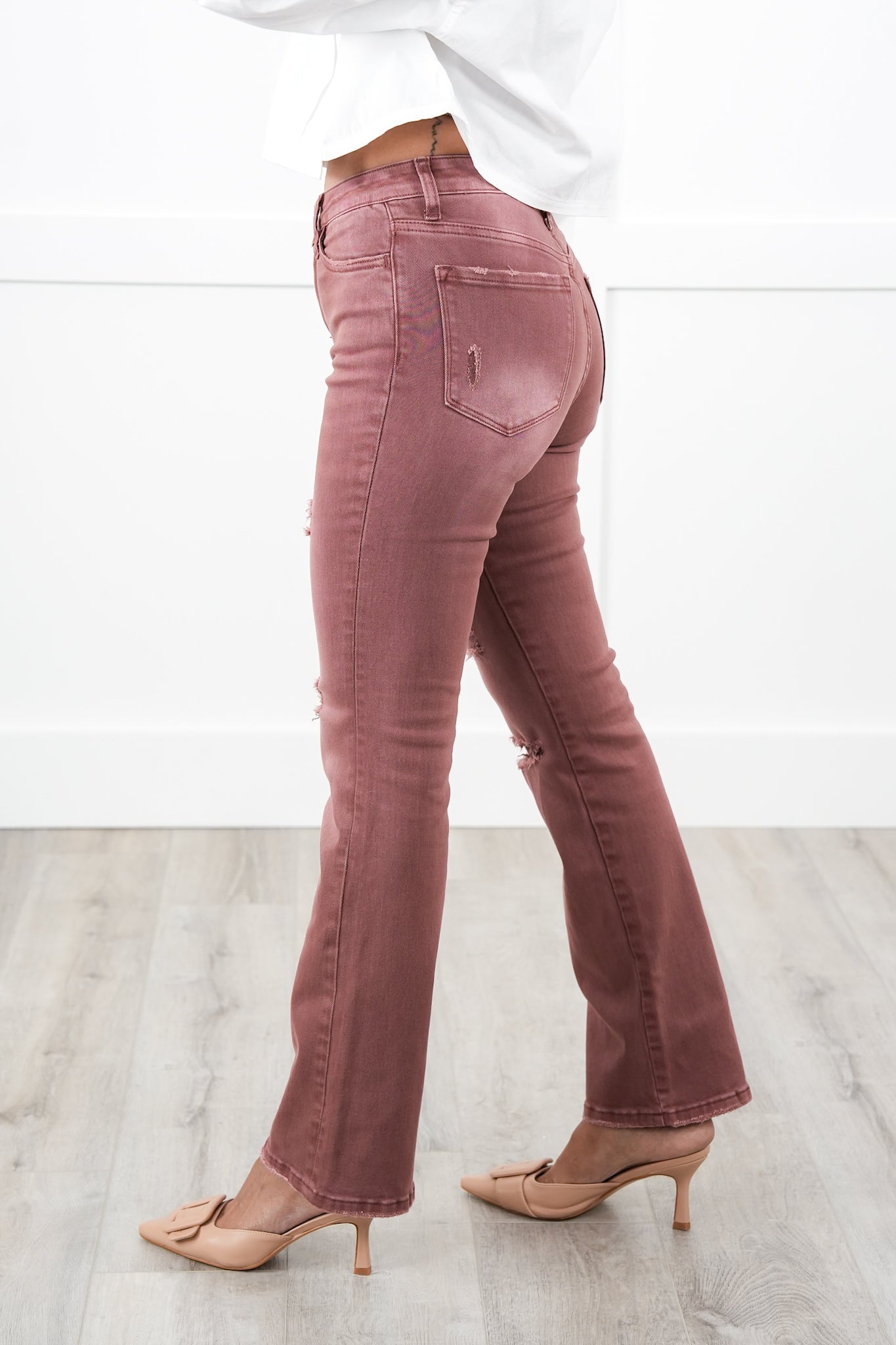 Vervet High Rise Dark Mauve Distressed Bootcut Jeans