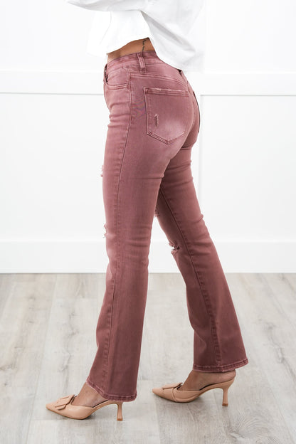 Vervet High Rise Dark Mauve Distressed Bootcut Jeans