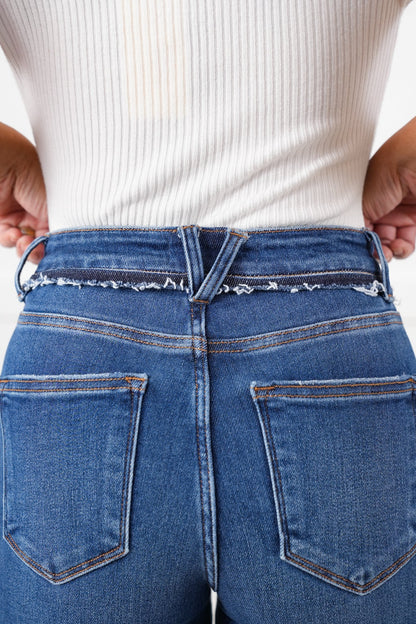 Risen High Rise Dark Wash Tummy Control Wide Leg Jeans with Released Hem