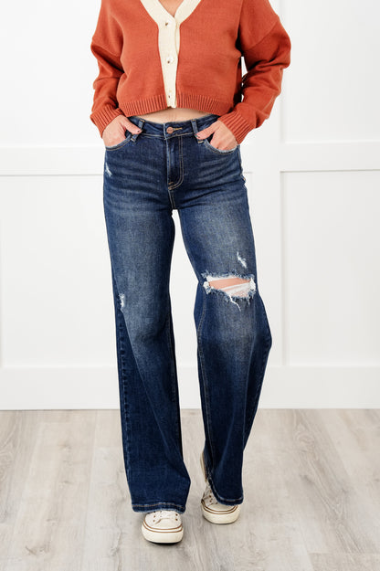 Risen Forget me Not High Rise Dark Wash Distressed Wide Leg Jeans