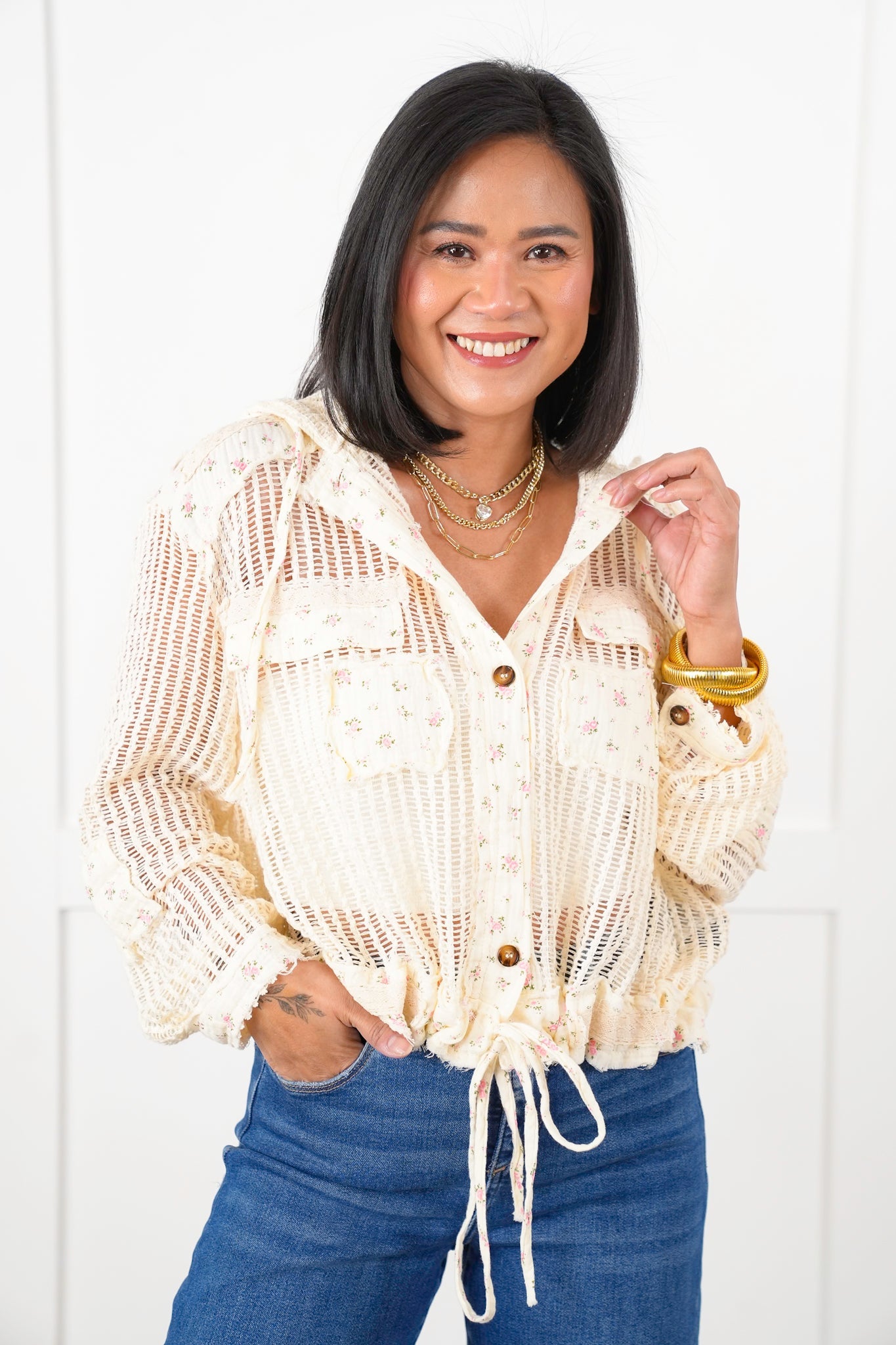 POL Crochet Long Sleeve Button Down Hooded Jacket with Floral Detail