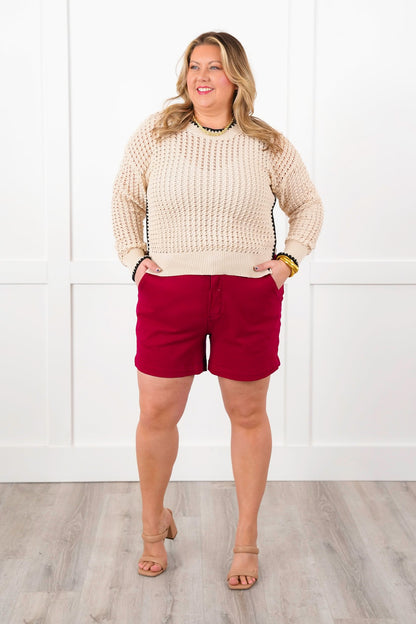 Plus/Reg Natural Loose Knit Long Sleeve Pullover Top with Trim Detail