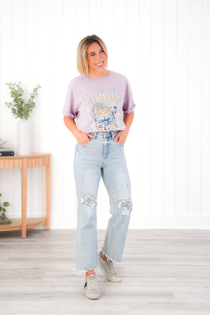 Risen High Rise Acid Wash Sequin Knee Patches Relaxed Straight Leg Jeans