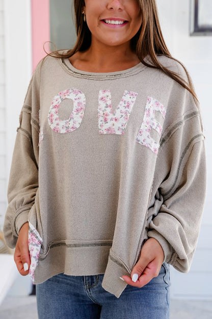 POL Knit Long Sleeve Top with Floral "Love" Patch Detail