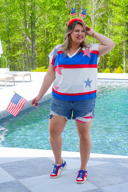 Color Block Short Sleeve V Neck Top with Star Patch Detail