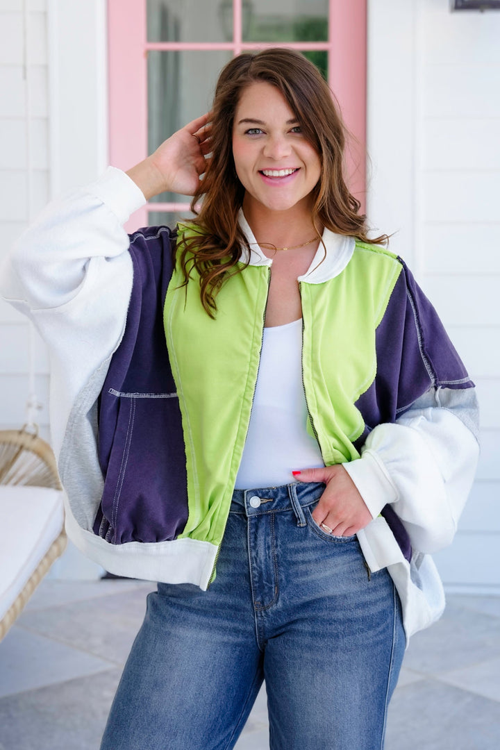 Color Block Long Dolan Sleeve Zip-Up Jacket