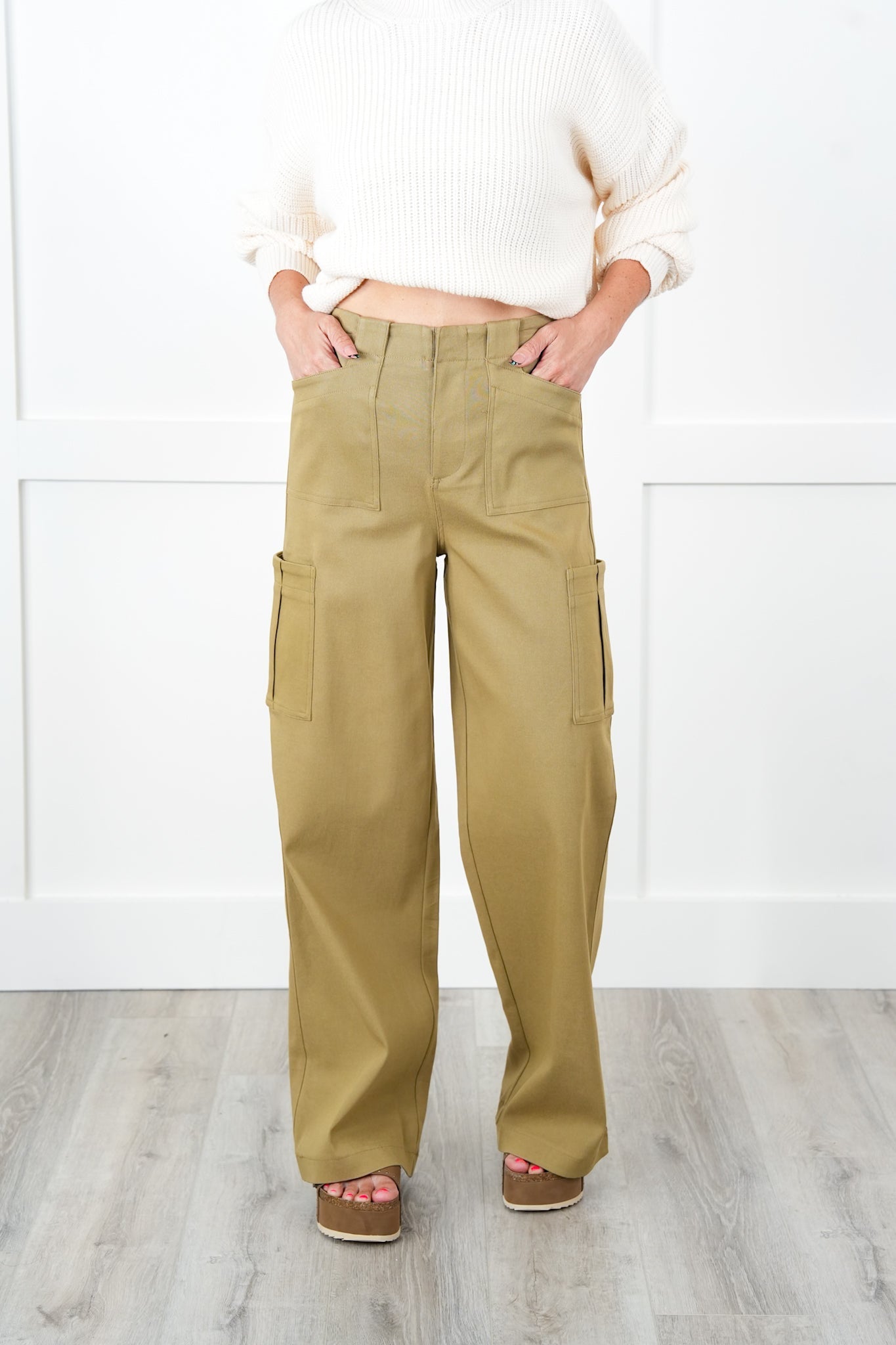 Solid High Waisted Cargo Pants with Pockets