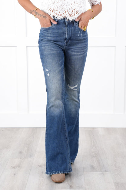 Judy Blue High Rise Dark Wash with Contrast Distressed Flare Jeans