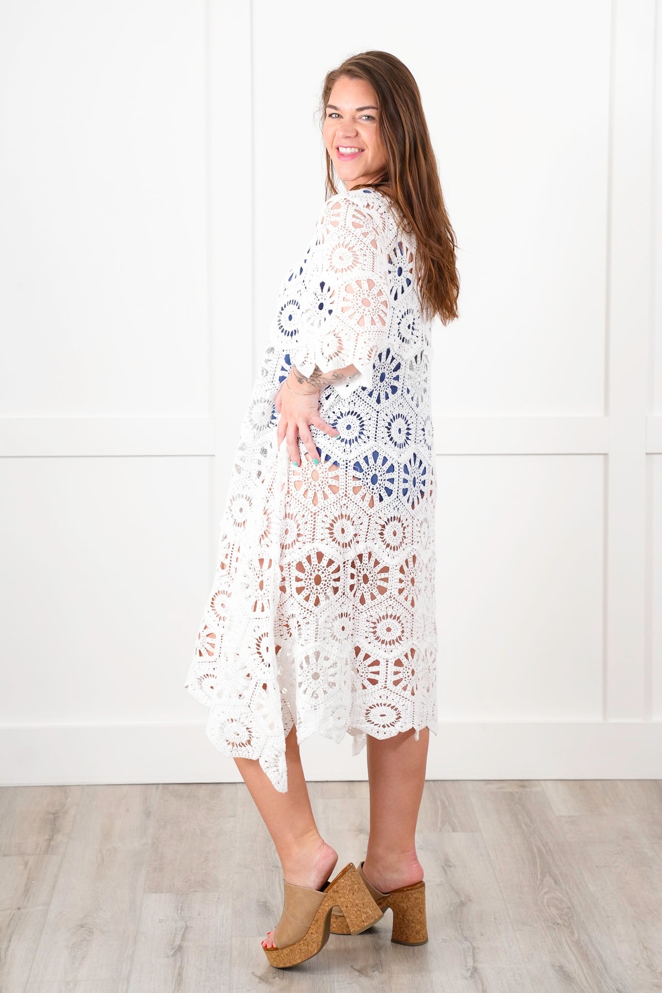Restock! POL Crochet Short Sleeve Scoop Neck Cover Up Dress